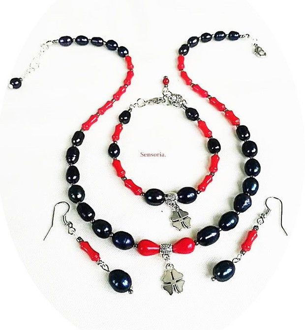 set passion - perle de cultura negre si coral rosu