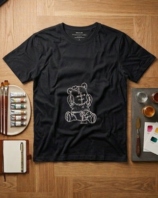 Tricou Negru Pictat Manual - "Plushy Winnie"