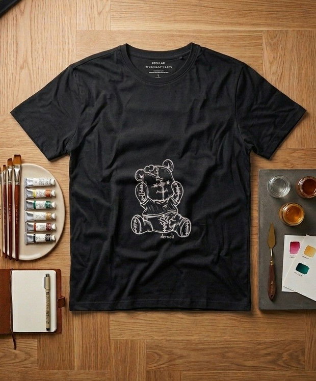 Tricou Negru Pictat Manual - "Plushy Winnie"