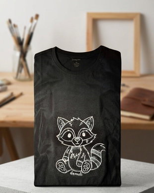 Tricou Negru Pictat Manual - "Plushy Racoon"