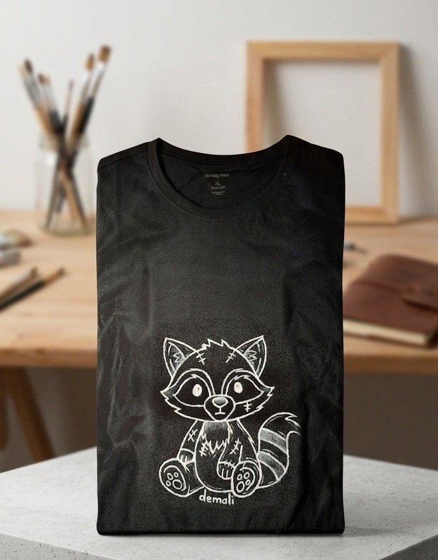 Tricou Negru Pictat Manual - "Plushy Racoon"