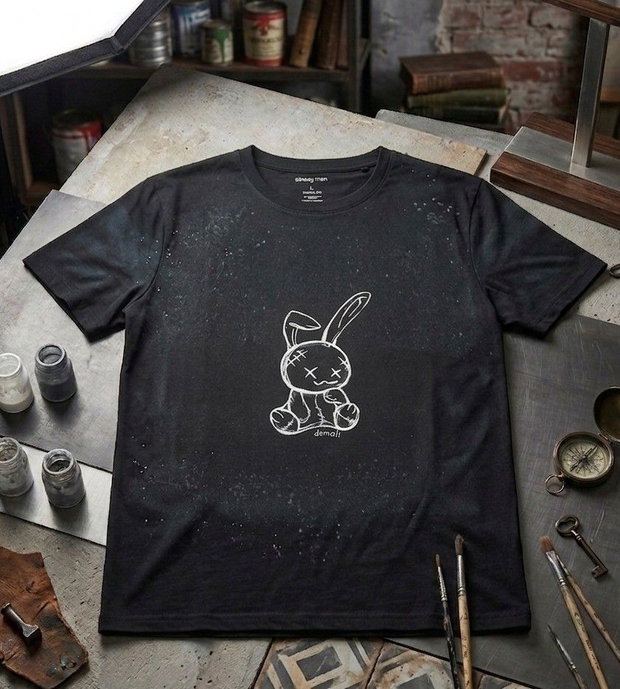 Tricou Negru Pictat Manual - "Plushy Bunny"