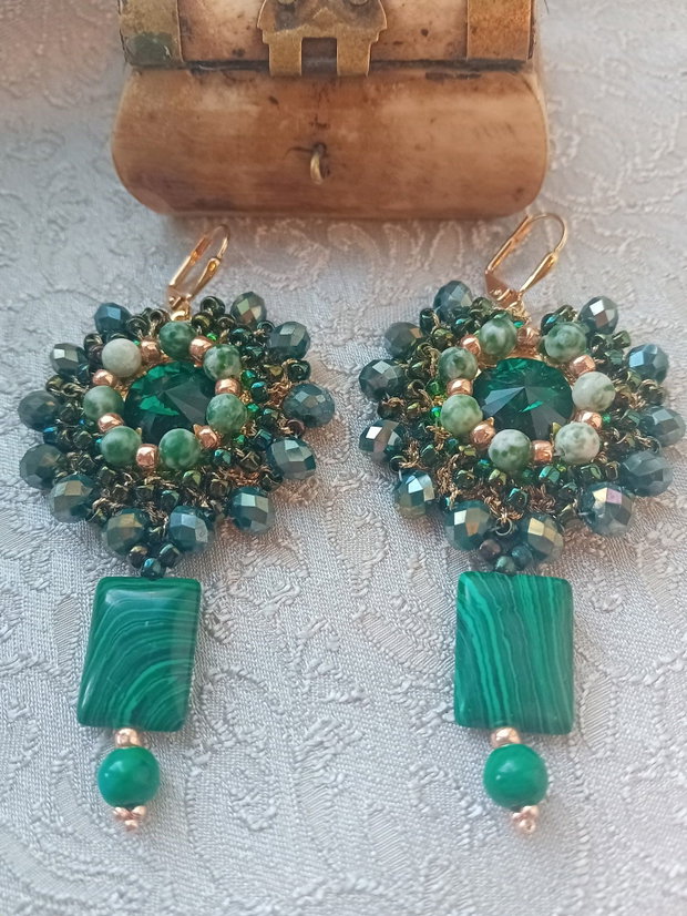 Cercei malachit,chrysocolla,rivoli swarovski