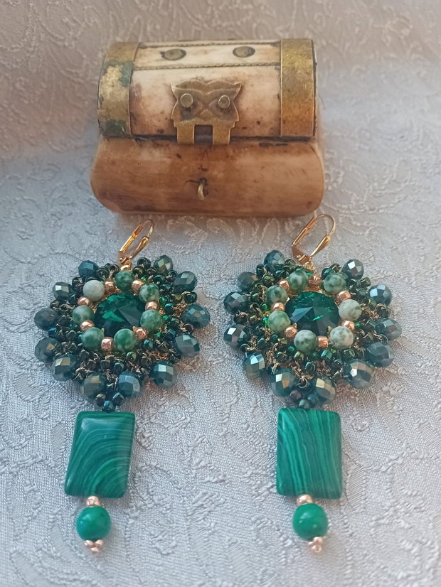 Cercei malachit,chrysocolla,rivoli swarovski