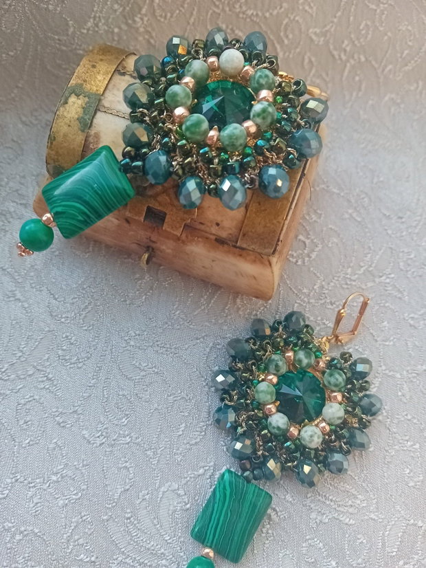 Cercei malachit,chrysocolla,rivoli swarovski
