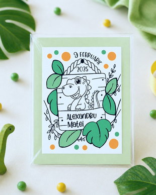 Marturii botez cu magnet baietel personalizate pictate, dinozaur, tema jungle