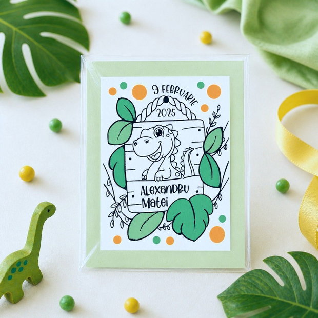 Marturii botez cu magnet baietel personalizate pictate, dinozaur, tema jungle