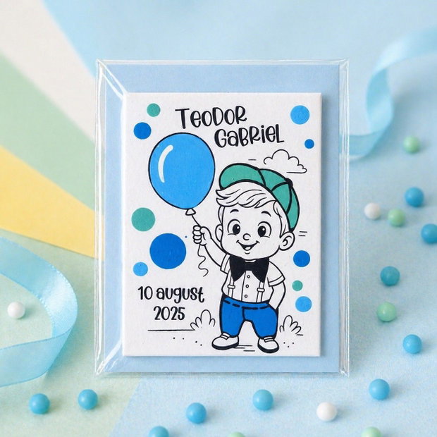 Marturii botez baietel pictate manual personalizate cu nume si mesaj