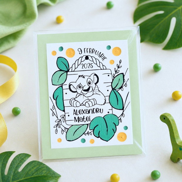 Marturii botez Simba personalizate pictate manual cu magnet