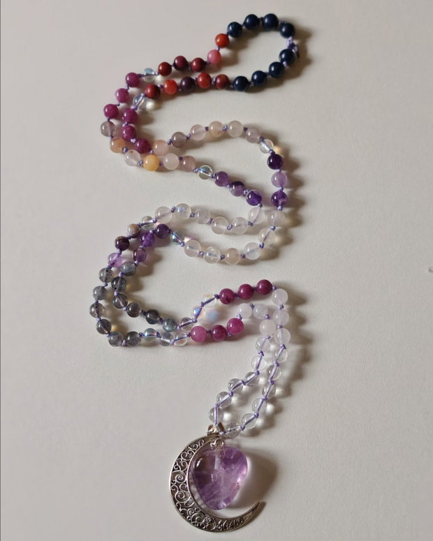 Mală 108 mărgele Chakra Coroană Ametist, Labradorit, Piatră Lunară | Cristale naturale lucrate manual