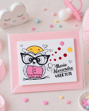 Marturii botez bufnita cu magnet personalizate cu nume