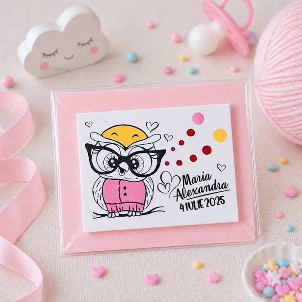 Marturii botez bufnita cu magnet personalizate cu nume