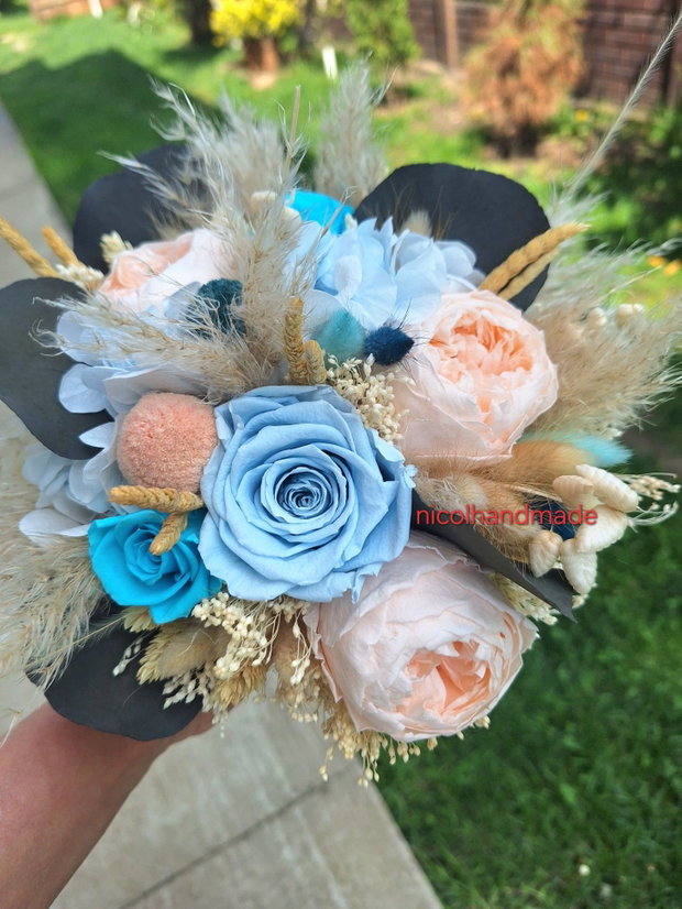 Buchet mireasa albastru/ roz somon