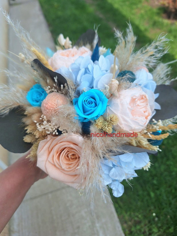 Buchet mireasa albastru/ roz somon