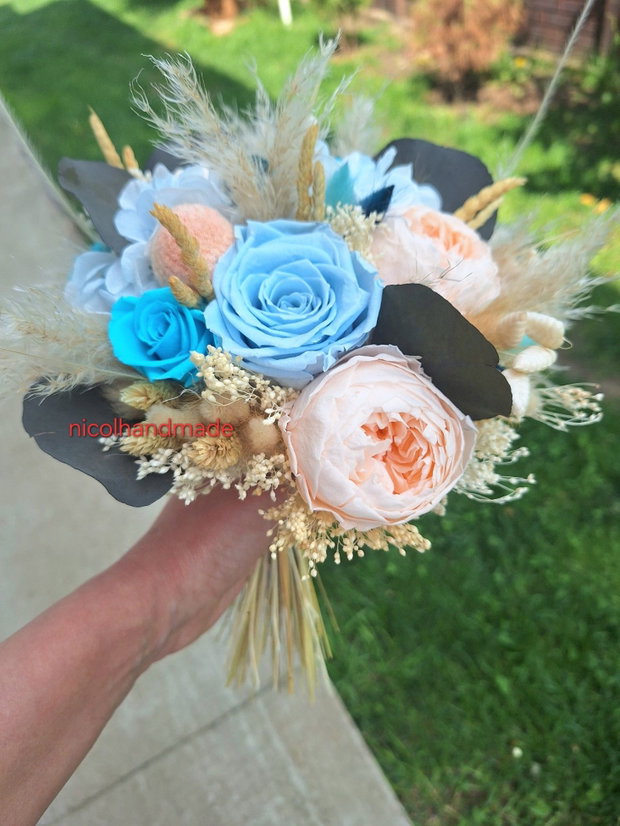 Buchet mireasa albastru/ roz somon