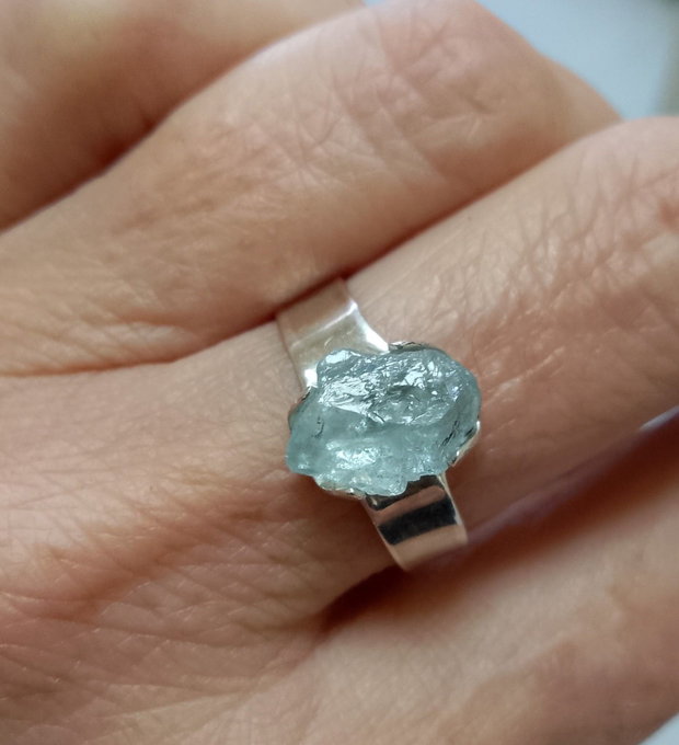 Inel argint și acvamarin brut, reglabil
