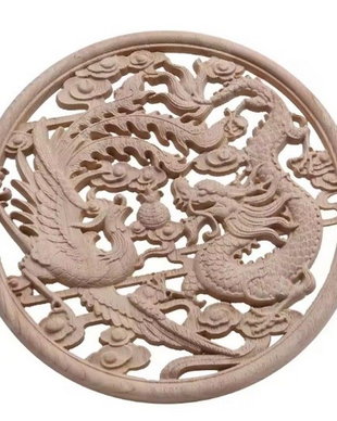 KT0002 - Decoratiune / ornament, lemn sculptat, natur, nelacuit nevopsit, pasarea phoenix si dragonul imperial