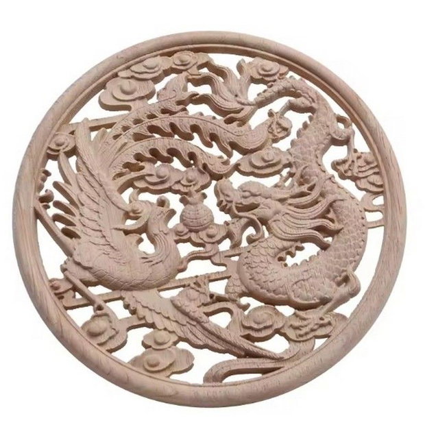 KT0002 - Decoratiune / ornament, lemn sculptat, natur, nelacuit nevopsit, pasarea phoenix si dragonul imperial