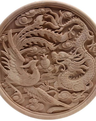 KT0001 - Decoratiune / ornament, lemn sculptat, natur, nelacuit nevopsit, pasarea phoenix si dragonul imperial