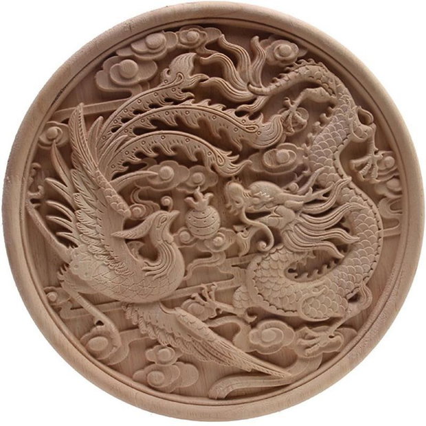 KT0001 - Decoratiune / ornament, lemn sculptat, natur, nelacuit nevopsit, pasarea phoenix si dragonul imperial