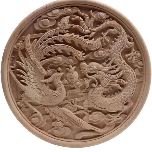 KT0001 - Decoratiune / ornament, lemn sculptat, natur, nelacuit nevopsit, pasarea phoenix si dragonul imperial