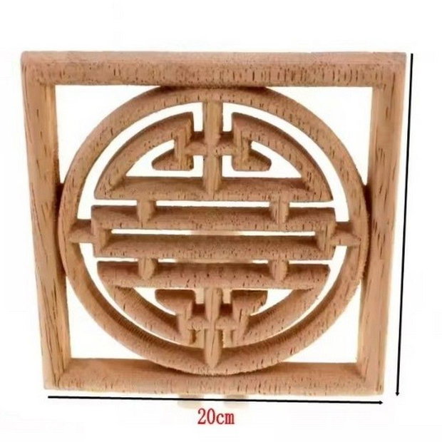 K1022 - (1buc) Blanc, decoratiune din lemn de cauciuc sculptat, natur, nelacuit nevopsit, simbol chinezesc SHOU, longevitate, patrat, 20x20cm