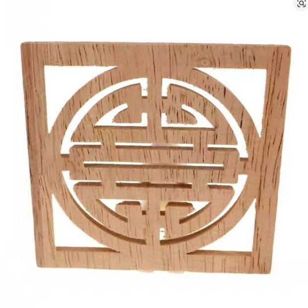 K1022 - (1buc) Blanc, decoratiune din lemn de cauciuc sculptat, natur, nelacuit nevopsit, simbol chinezesc SHOU, longevitate, patrat, 20x20cm