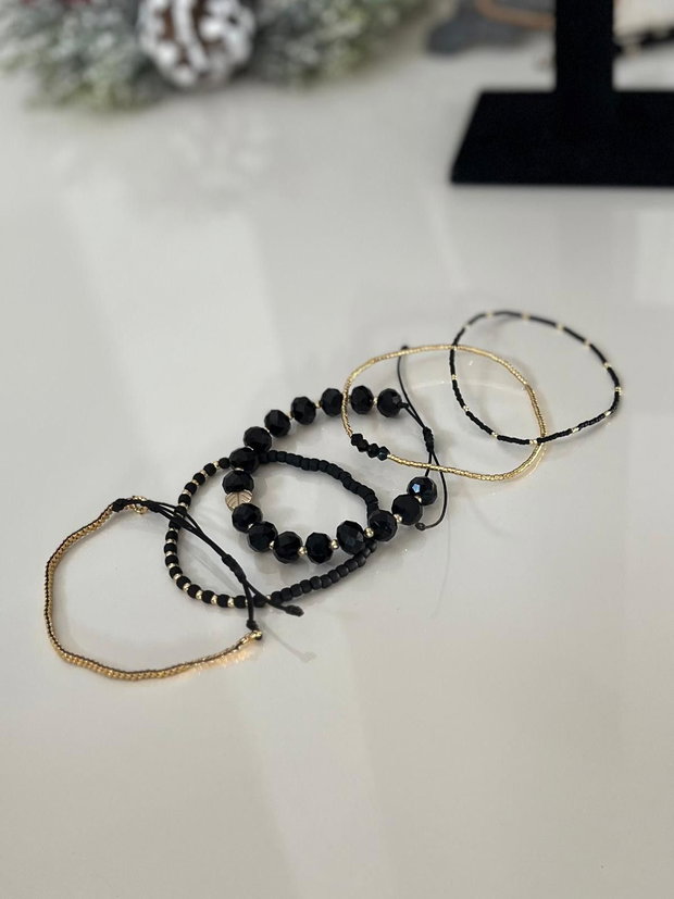 Set 5 Brățări Minimaliste "Golden Night" - Hematit și Cristale de Sticlă