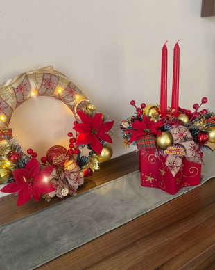 Set decorativ Crăciun handmade premium  coroniță cu luminițe + aranjament în bol ceramic stea cu lumânări