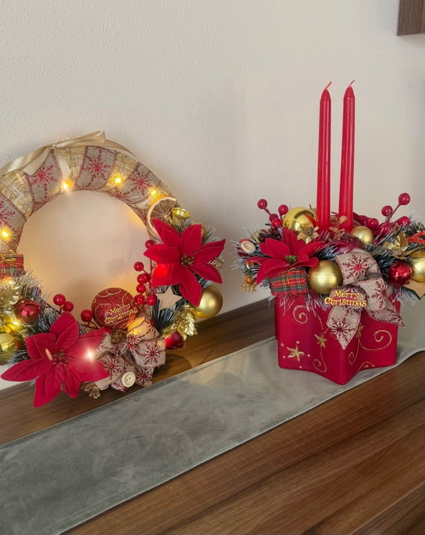 Set decorativ Crăciun handmade premium coroniță cu luminițe + aranjament în bol ceramic stea cu lumânări