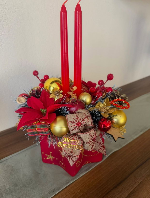 Set decorativ Crăciun handmade premium coroniță cu luminițe + aranjament în bol ceramic stea cu lumânări