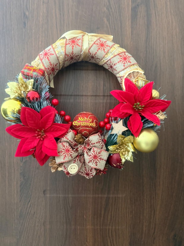 Set decorativ Crăciun handmade premium coroniță cu luminițe + aranjament în bol ceramic stea cu lumânări