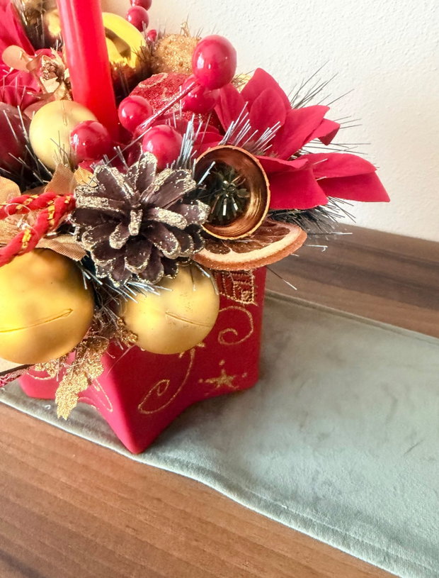 Set decorativ Crăciun handmade premium coroniță cu luminițe + aranjament în bol ceramic stea cu lumânări