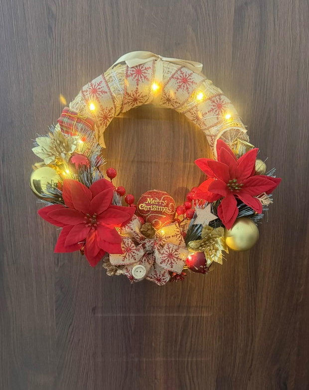 Set decorativ Crăciun handmade premium coroniță cu luminițe + aranjament în bol ceramic stea cu lumânări