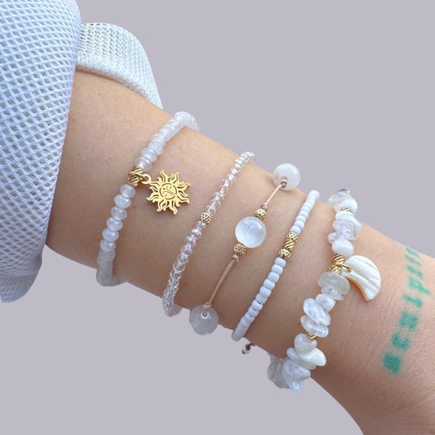 Set de bratari reglabile cu pietre semipretioase - selenit, jad, piatra lunii - Gold white