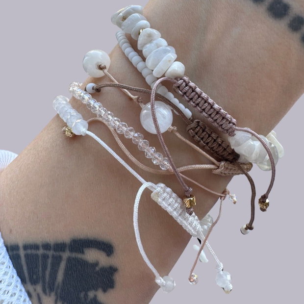 Set de bratari reglabile cu pietre semipretioase - selenit, jad, piatra lunii - Gold white