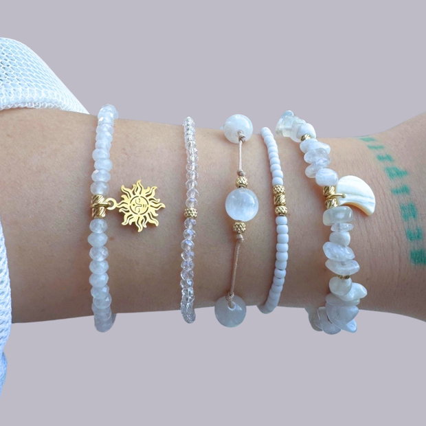 Set de bratari reglabile cu pietre semipretioase - selenit, jad, piatra lunii - Gold white