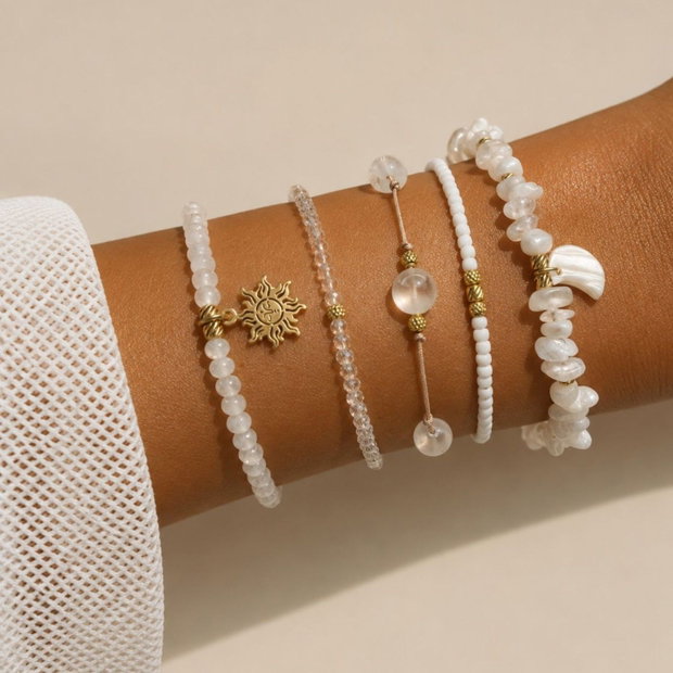 Set de bratari reglabile cu pietre semipretioase - selenit, jad, piatra lunii - Gold white