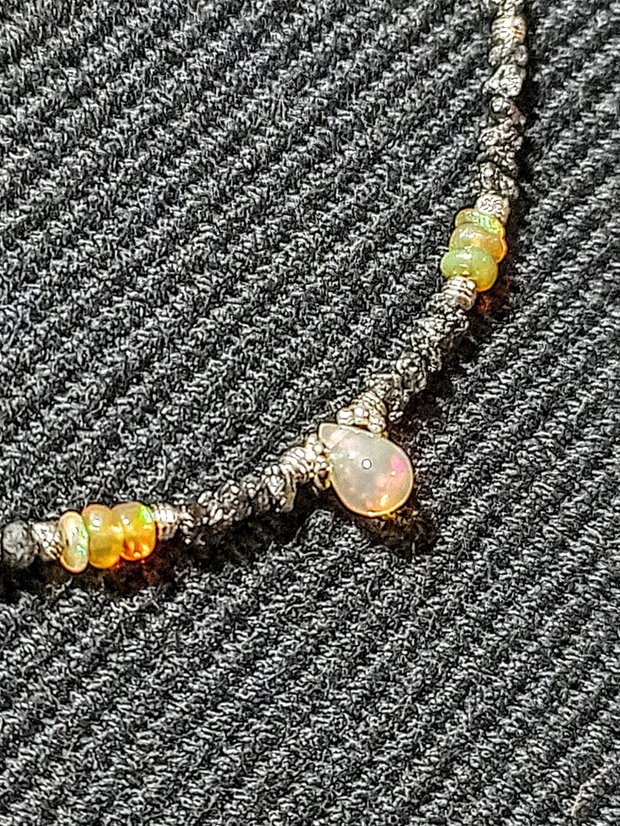 Colier argint diamant brut opal de foc etiopian lant argint minimalist boho chic trendy