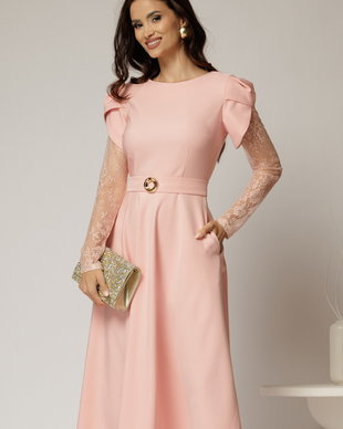 Rochie midi roz cu maneci din dantela si cordon detasabil