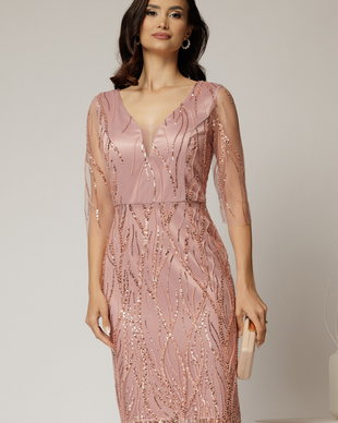 Rochie midi conica roz din tull cu paiete