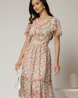 Rochie midi roz din voal cu imprimeuri florale oranj in clos cu volanase