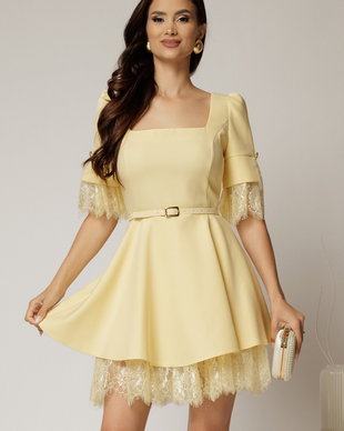 Rochie DY Fashion scurta galbena cu dantela la fusta si maneci