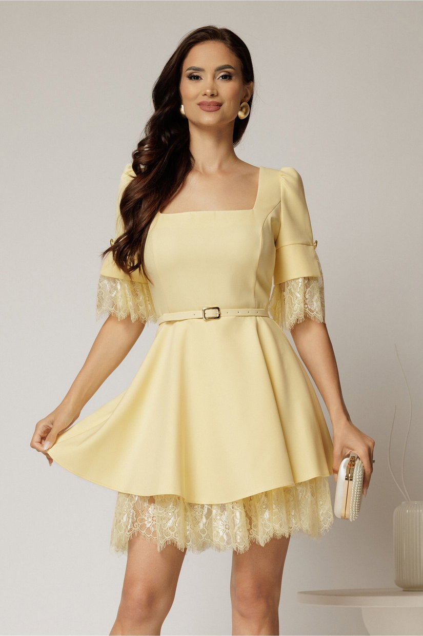 Rochie DY Fashion scurta galbena cu dantela la fusta si maneci