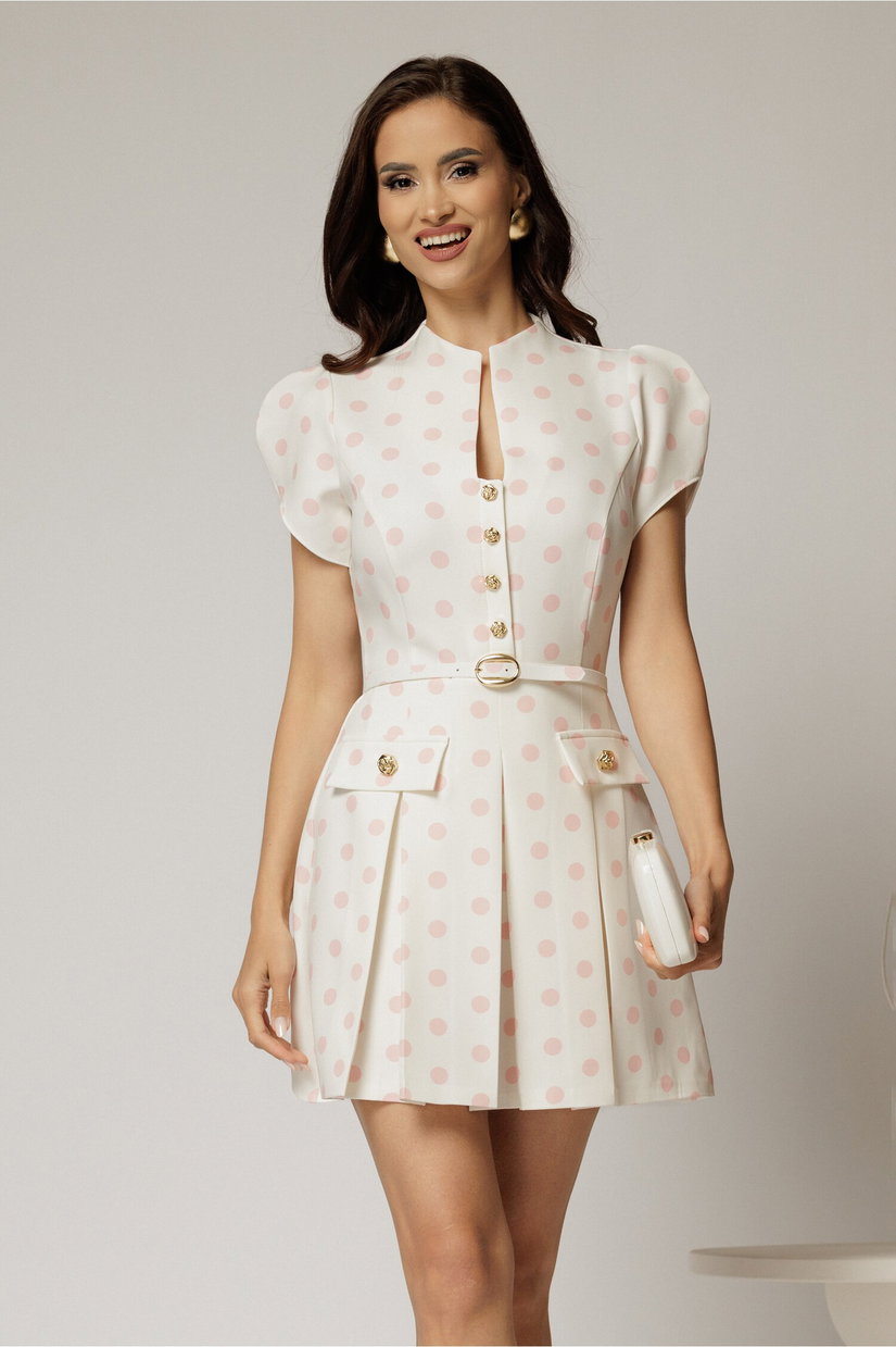 Rochie DY Fashion alba cu buline roz cu fusta scurta cu pliuri si decolteu