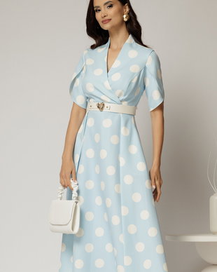 Rochie DY Fashion bleu cu buline cu decolteu si maneci petrecute