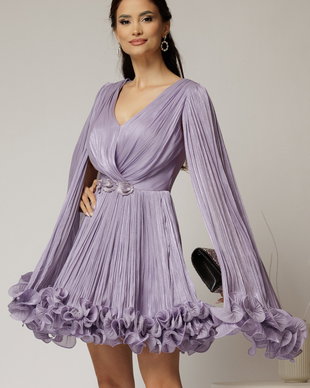 Rochie scurta lila de ocazie cu aplicatii florale pe talie din voal peliculizat