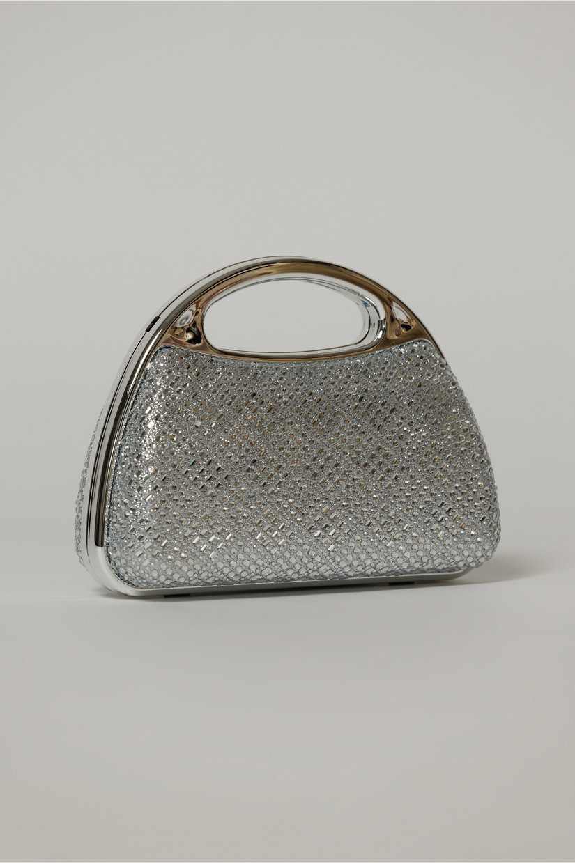 Clutch argintiu cu pietre stralucitoare si maner metalic
