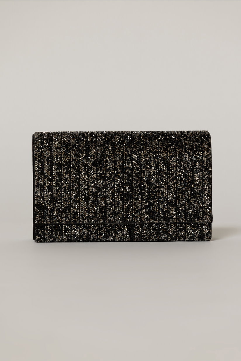 Clutch negru dreptunghiular acoperit cu pietre stralucitoare