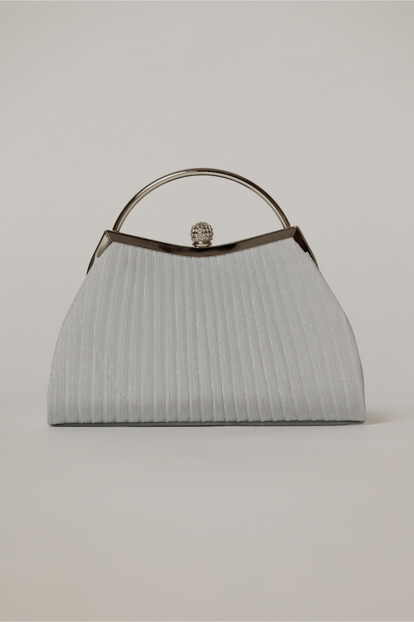Clutch elegant din lurex alb cu maner metalic rotund